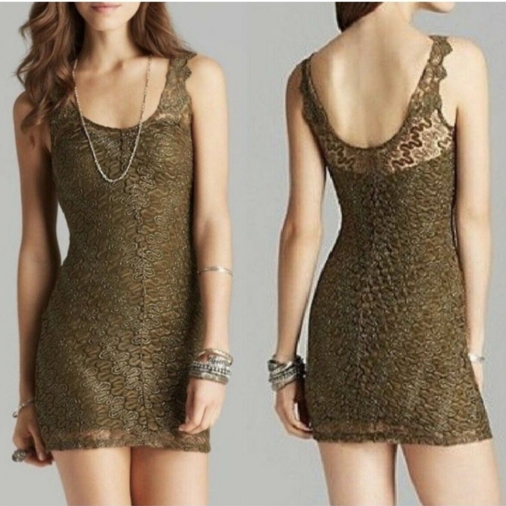 Free People Foiled Again Lace Bodycon Dress Olive Green Metallic Size Small